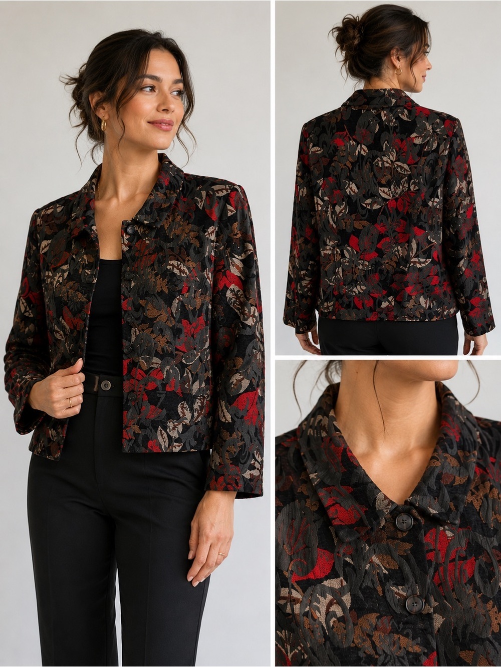Florentine Women's Floral Tapestry BlazerJacket - Black, Red, Brown size 14